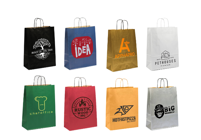1 Colour Print Twisted Handle Ribbed Textured Paper Bags